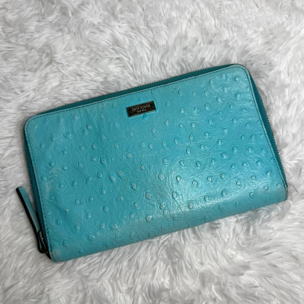 Kate Spade Turquoise Ostrich Embossed Zip-around Large Wallet